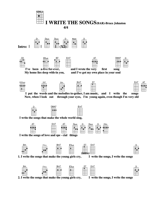 I Write The Songs (Bar) - Bruce Johnston Chord Chart Printable pdf