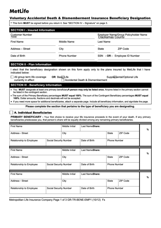 Fillable Form Gr-Tr-Bene-Emp1 - Metlife Voluntary Accidental Death & Dismemberment Insurance Beneficiary Designation - 2012 Printable pdf