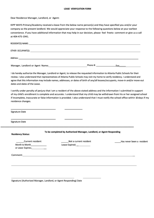 Lease Verification Form Printable pdf