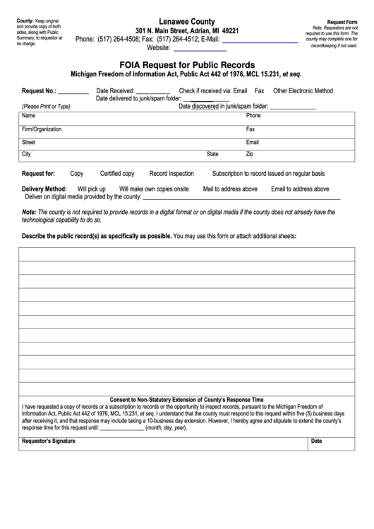 Foia Request Form - Lenawee County Printable pdf