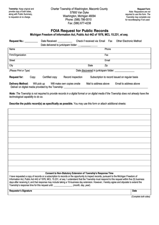 Foia Request Form For Public Records - Washington Township