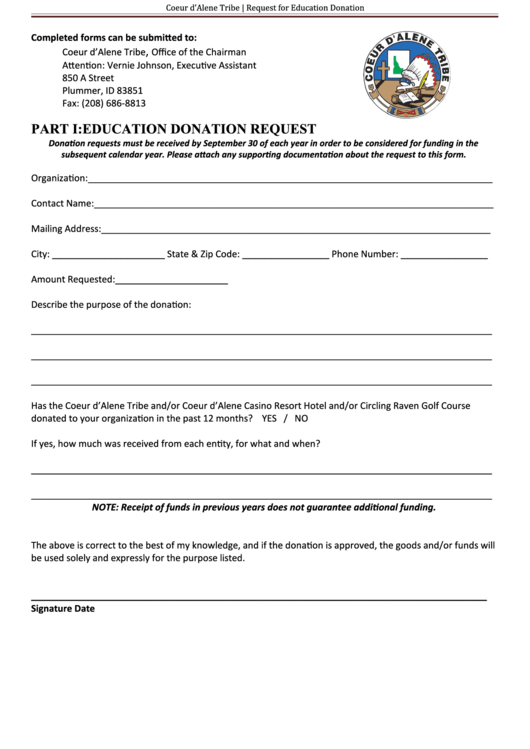 Coeur Dalene Tribe Request For Education Donation Printable pdf