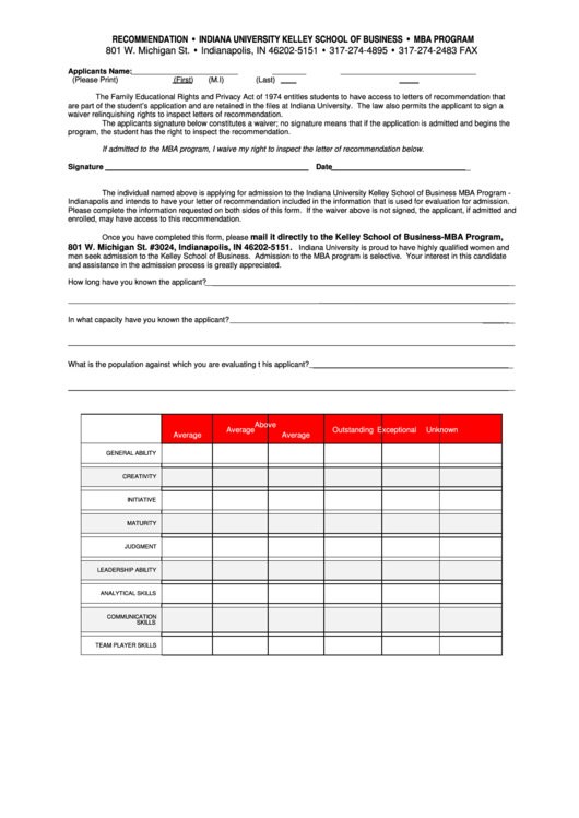 Fillable Recommendation - Kelley School Of Business, Indianapolis Printable pdf