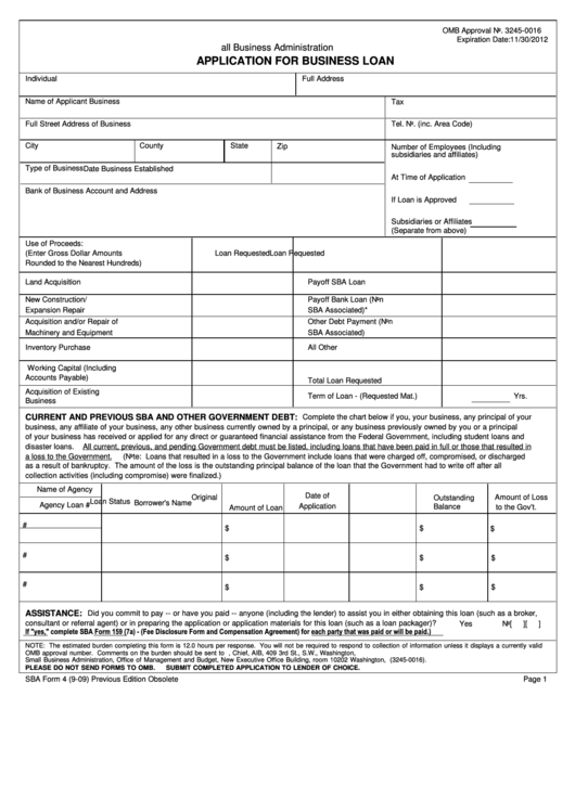Sba Form 4 - Application For Business Loan Printable pdf