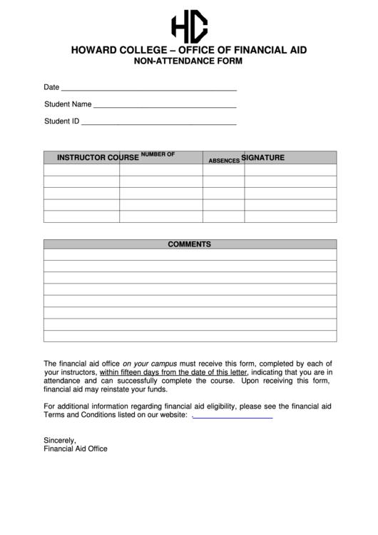 Non Attendance Form Printable pdf
