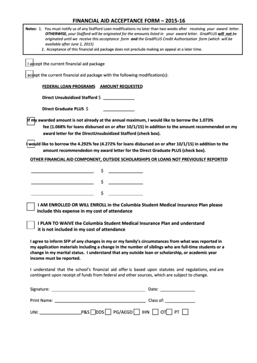 Fillable Financial Aid Acceptance Form Printable pdf