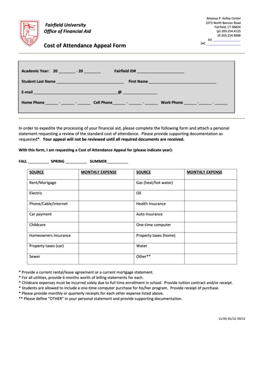 Fillable Cost Of Attendance Appeal Form Printable pdf
