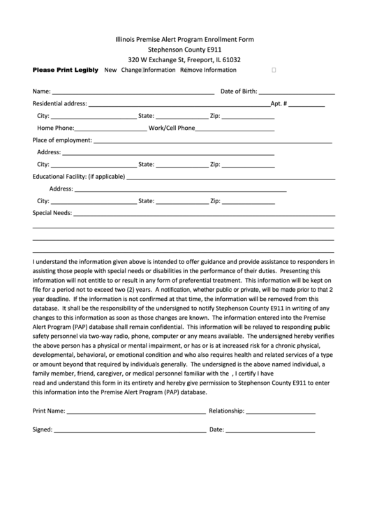 Illinois Premise Alert Program Enrollment Form Printable pdf