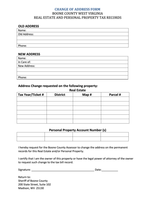 Change Of Address Form - Boone County Sheriffs Tax Office Printable pdf