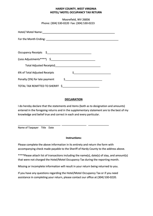 Hotel Motel Tax Collection Form - Hardy County West Virginia Printable pdf