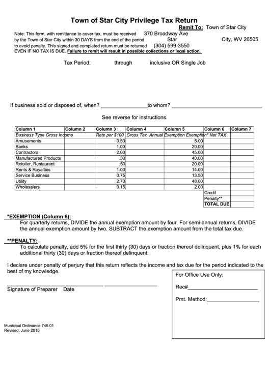 Town Of Star City Privilege Tax Return Printable pdf