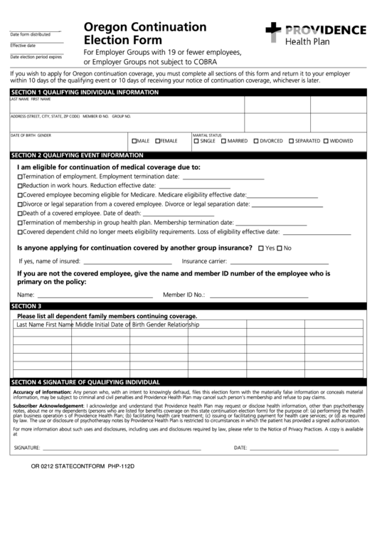 Oregon Continuation Election Form - Providence Health Plan Printable pdf