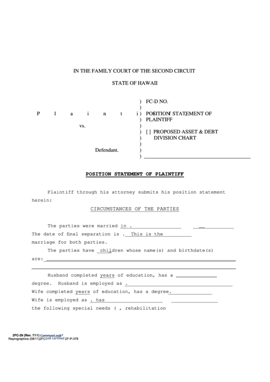 Fillable Position Statement Of Plaintiff Printable pdf
