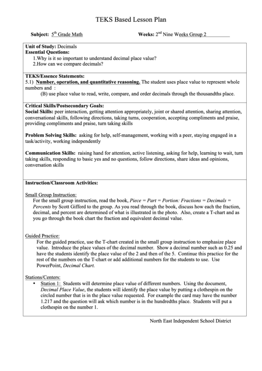Teks Based Lesson Plan Printable pdf