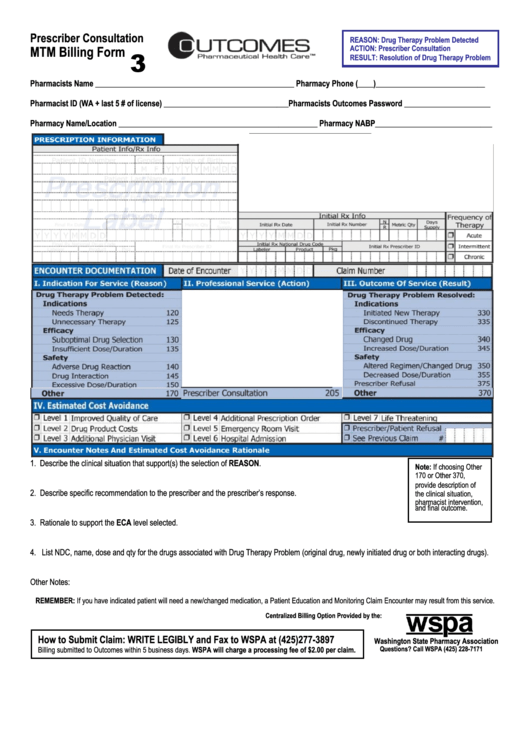 Mtm Billing Form Washington State Pharmacy Association Printable pdf