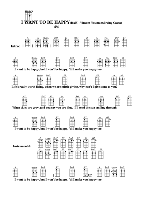 I Want To Be Happy(Bar) -Vincent Youmans/irving Caesar Chord Chart Printable pdf