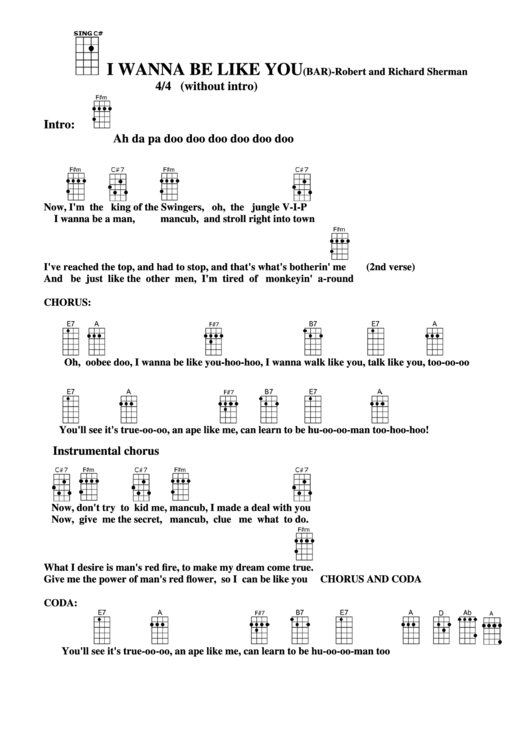 I Wanna Be Like You (Bar) - Robert And Richard Sherman Chord Chart Printable pdf
