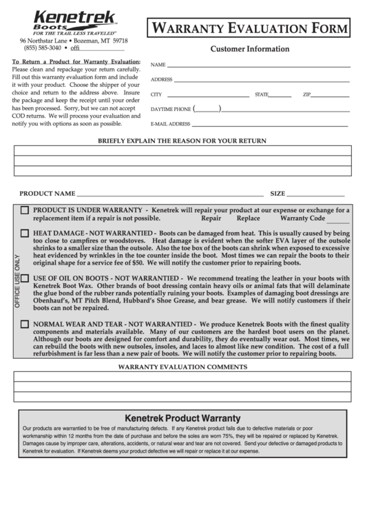 Warranty Evaluation Form Printable pdf