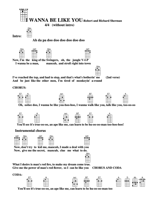 I Wanna Be Like You - Robert And Richard Sherman Chord Chart Printable pdf