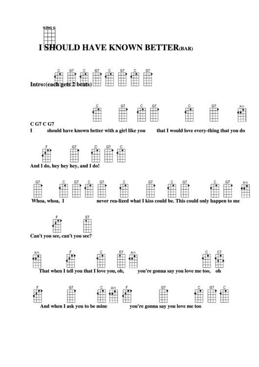 I Should Have Known Better (Bar) Chord Chart Printable pdf