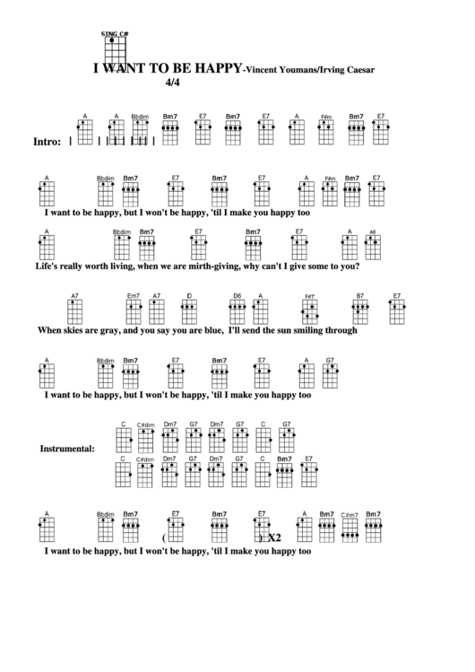 I Want To Be Happy/get Happy-Vincent Youmans/irving Caesar Chord Chart Printable pdf