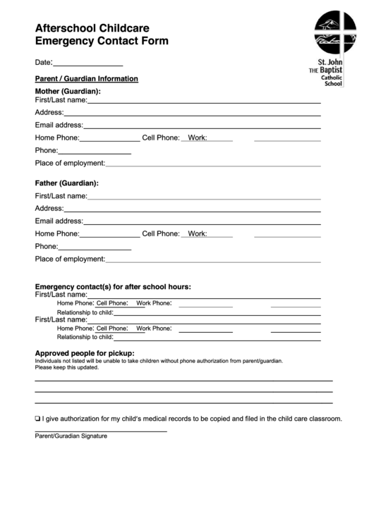 Afterschool Childcare Emergency Contact Form Printable pdf