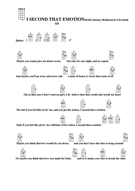 I Second That Emotion (Bar) - Smokey Robinson/al Cleveland Chord Chart Printable pdf