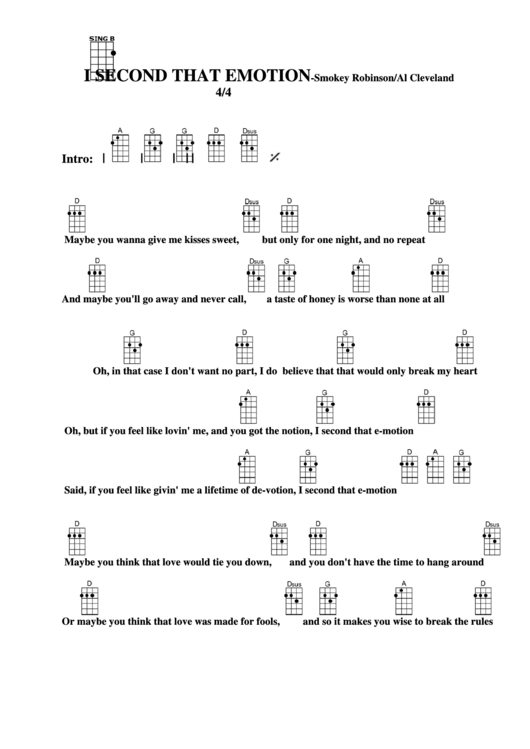 I Second That Emotion - Smokey Robinson/al Cleveland Chord Chart Printable pdf