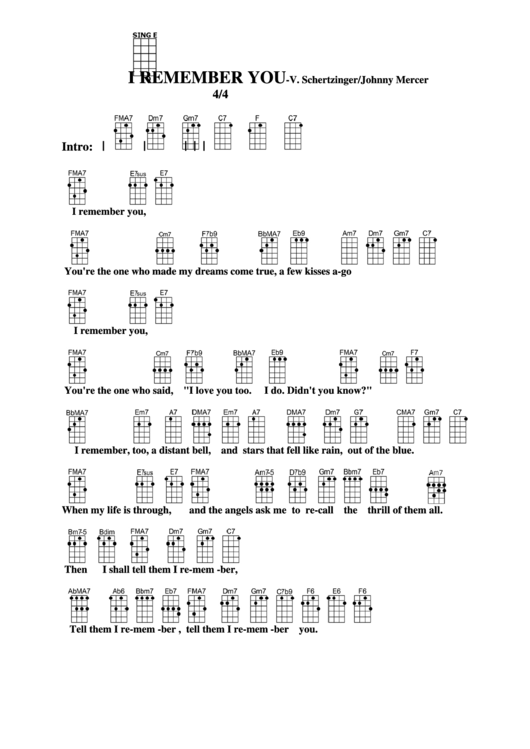 I Remember You - V. Schertzinger/johnny Mercer Chord Chart Printable pdf
