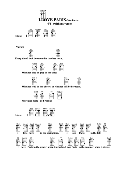 I Love Paris (No Key Change)-Cole Porter Chord Chart Printable pdf