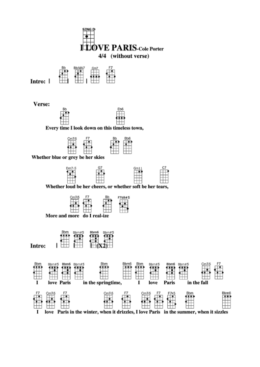I Love Paris-Cole Porter Chord Chart Printable pdf