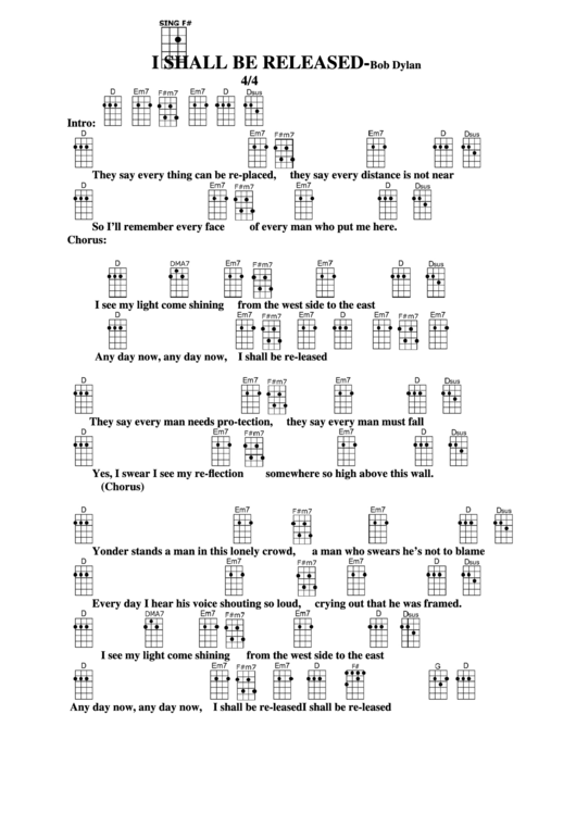 I Shall Be Released - Bob Dylan Chord Chart Printable pdf