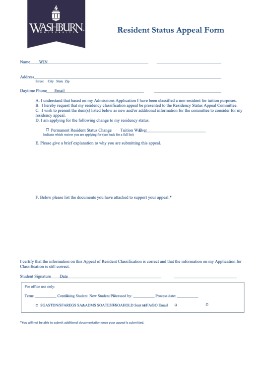 Resident Status Appeal Form - Washburn University Printable pdf