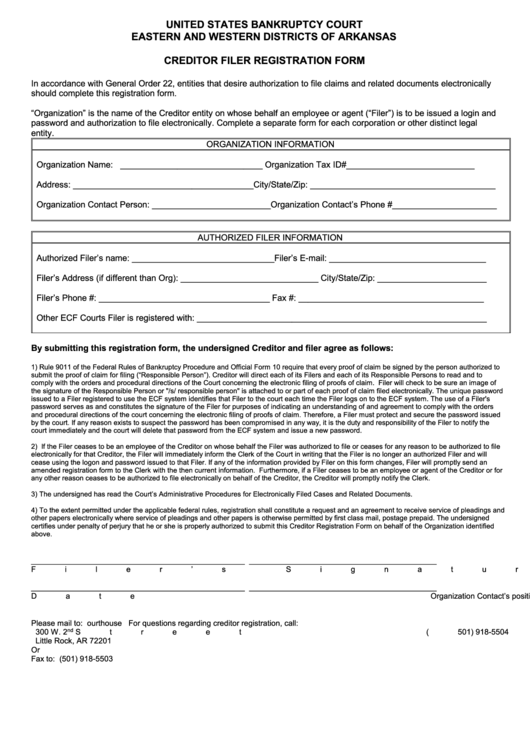 Fillable Creditor Filer Registration Form - Us Bankruptcy Court Printable pdf