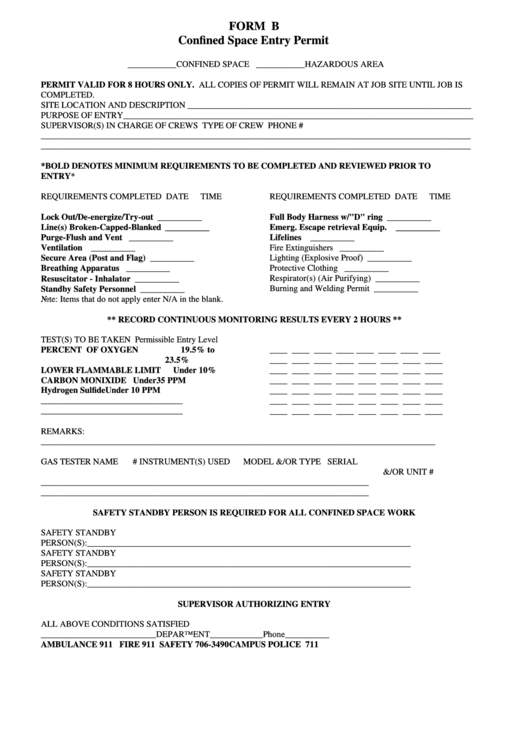 Fillable Form B Confined Space Entry Permit Printable pdf