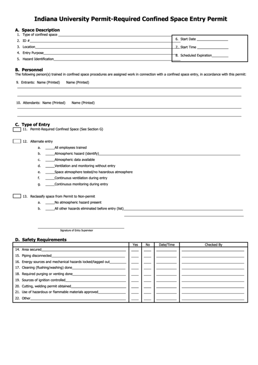 Confined Space Entry Permit Form printable pdf download