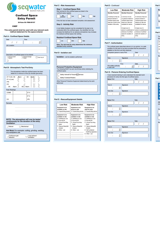 Confined Space Entry Permit Printable pdf