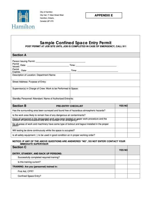 Sample Confined Space Entry Permit Printable Pdf Download