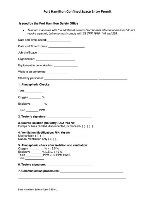 Fort Hamilton Confined Space Entry Permit Printable pdf