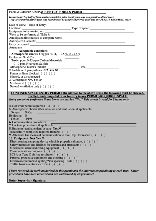 Confined Space Entry Form And Permit Printable pdf