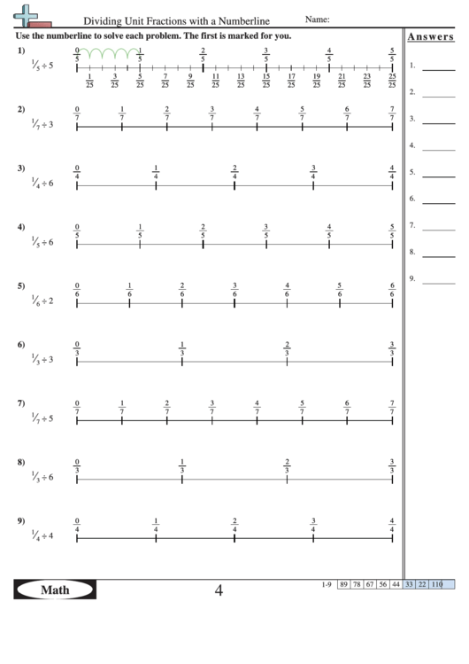 Dividing Unit Fractions With A Numberline Worksheet With Answer Key Printable pdf