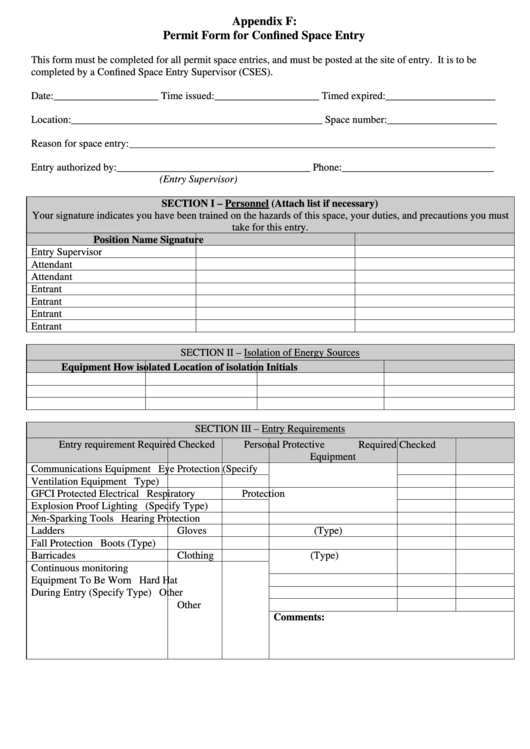 Appendix F Permit Form For Confined Space Entry Printable