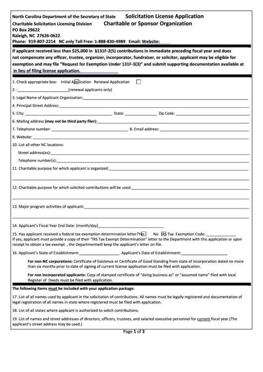 Solicitation License Application - Charitable Or Sponsor Organization Printable pdf