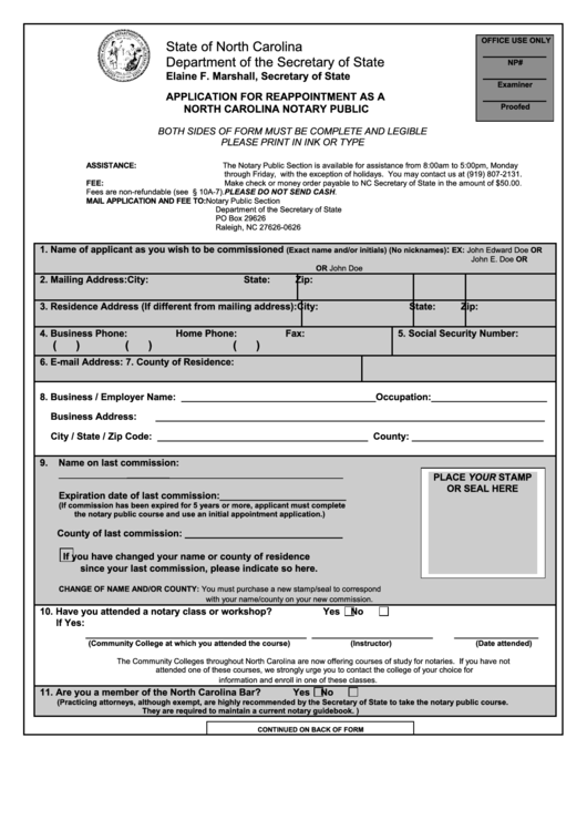 Application For Reappointment As A Notary North Carolina Notary Public Form - 2001 Printable pdf