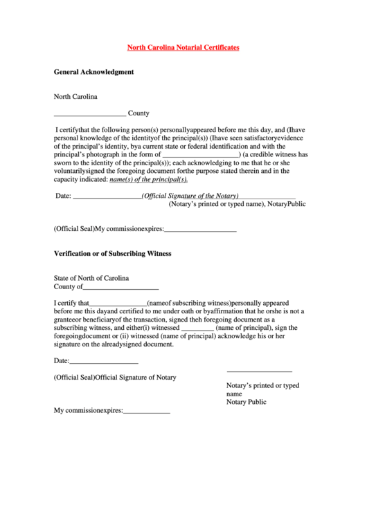 North Carolina Notarial Certificates General Acknowledgment Printable pdf