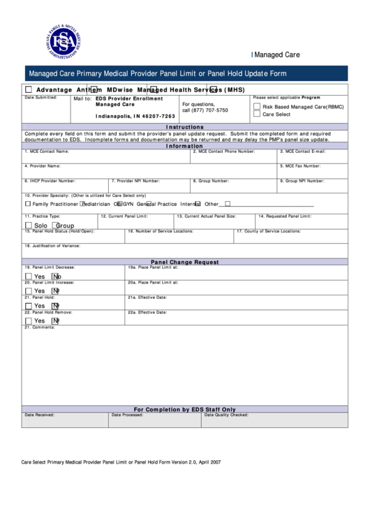 Managed Care Primary Medical Provider Panel Limit Or Panel Hold Update Form Printable pdf