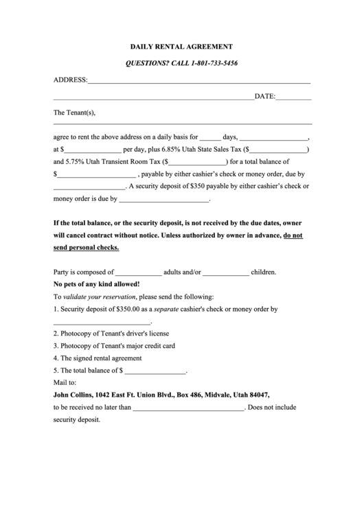 Daily Rental Agreement Printable pdf