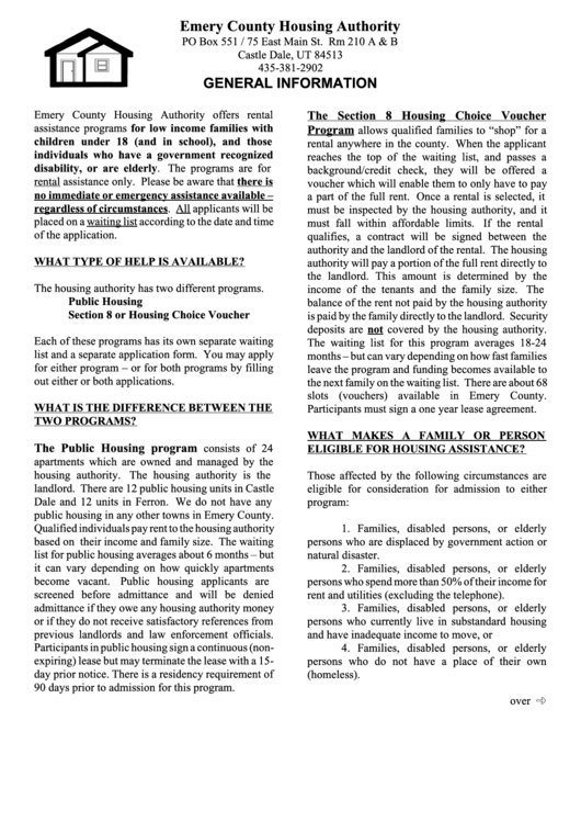 Public Housing Application Form - Emery County, Utah Printable pdf