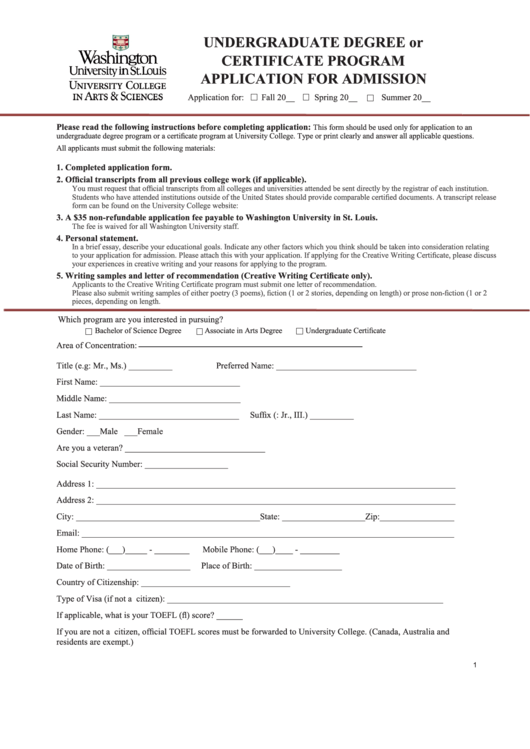Undergraduate Degree Or Certificate - University College Printable pdf