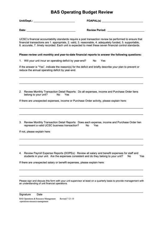 Bas Operating Budget Review Form Printable pdf